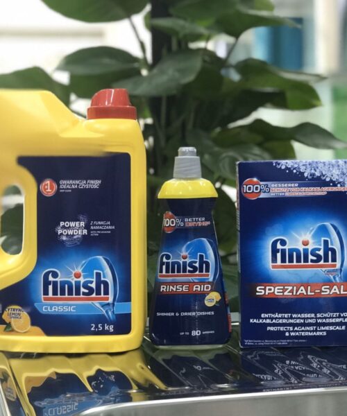 Combo: Bột rửa bát Finish 2.5kg + Muối Finish 1.2kg + Nước làm bóng Finish 400ml