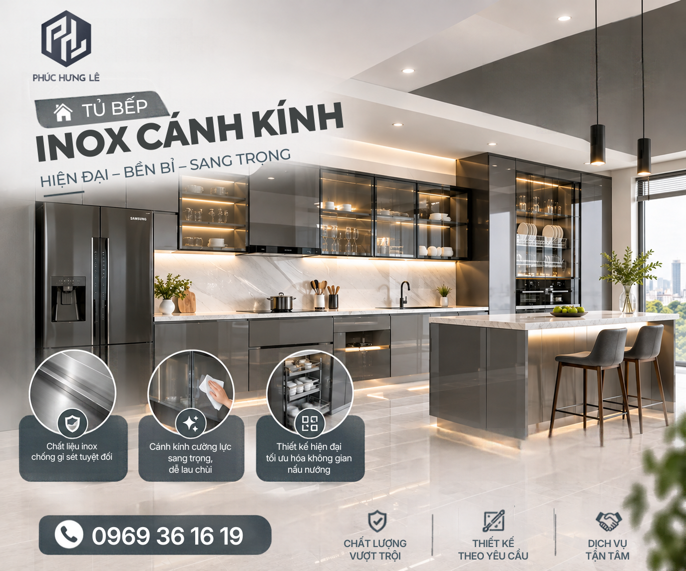 Tủ bếp inox cánh kính cho nhà mới