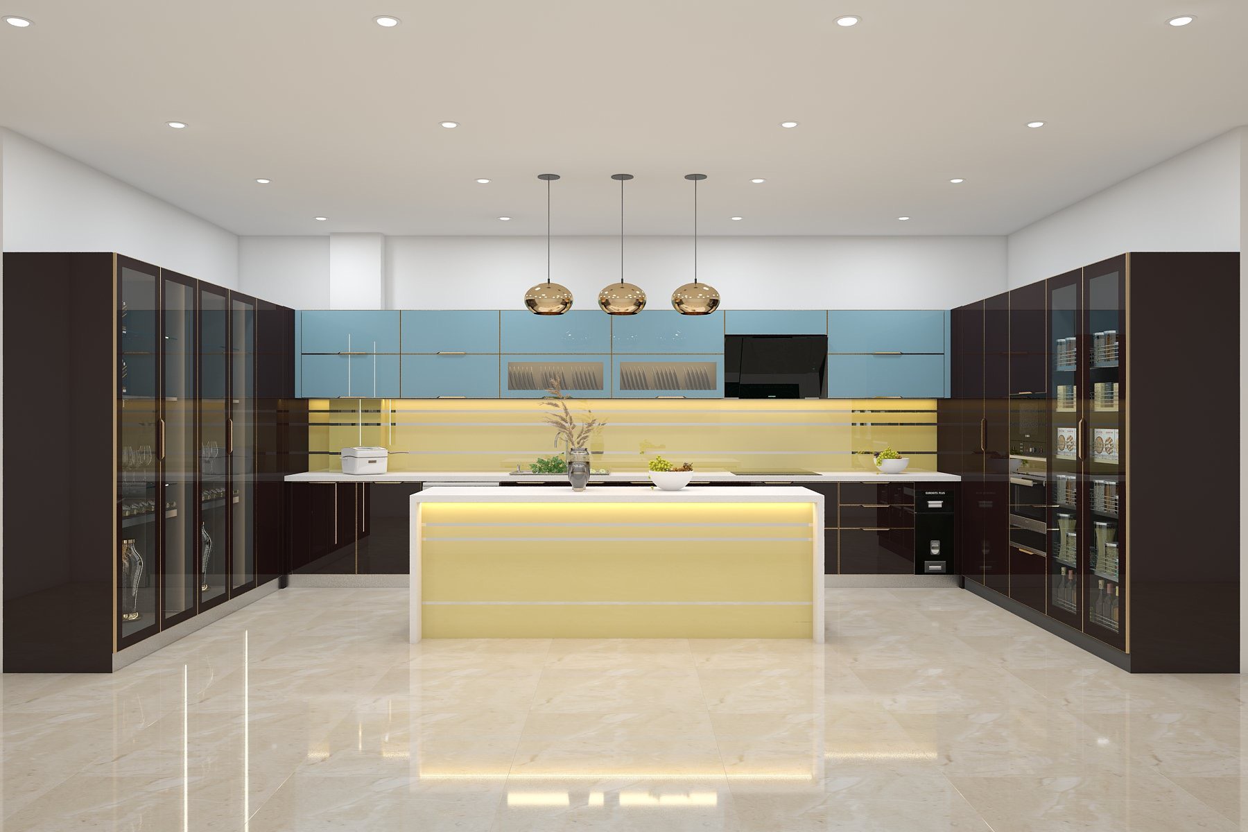 Tủ bếp inox cánh kính chữ U