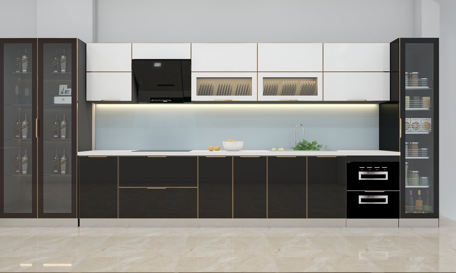 Tủ bếp inox cánh kính chữ I